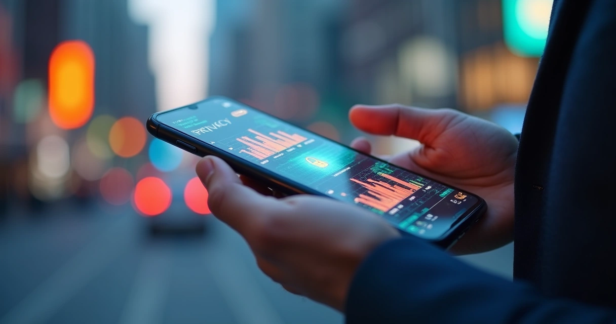 Mão segurando smartphone com gráficos de IA e cadeado na tela 