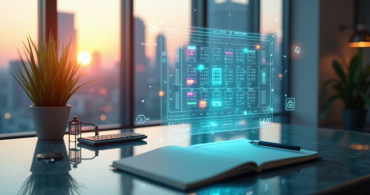 Calendário digital flutuando com interface de IA e ícones de agenda imobiliária 