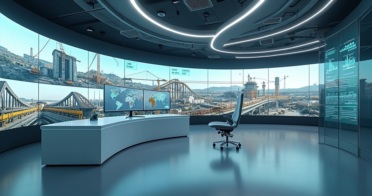 Hall de controle com paredes de telas exibindo imagens de obra e métricas de IA 