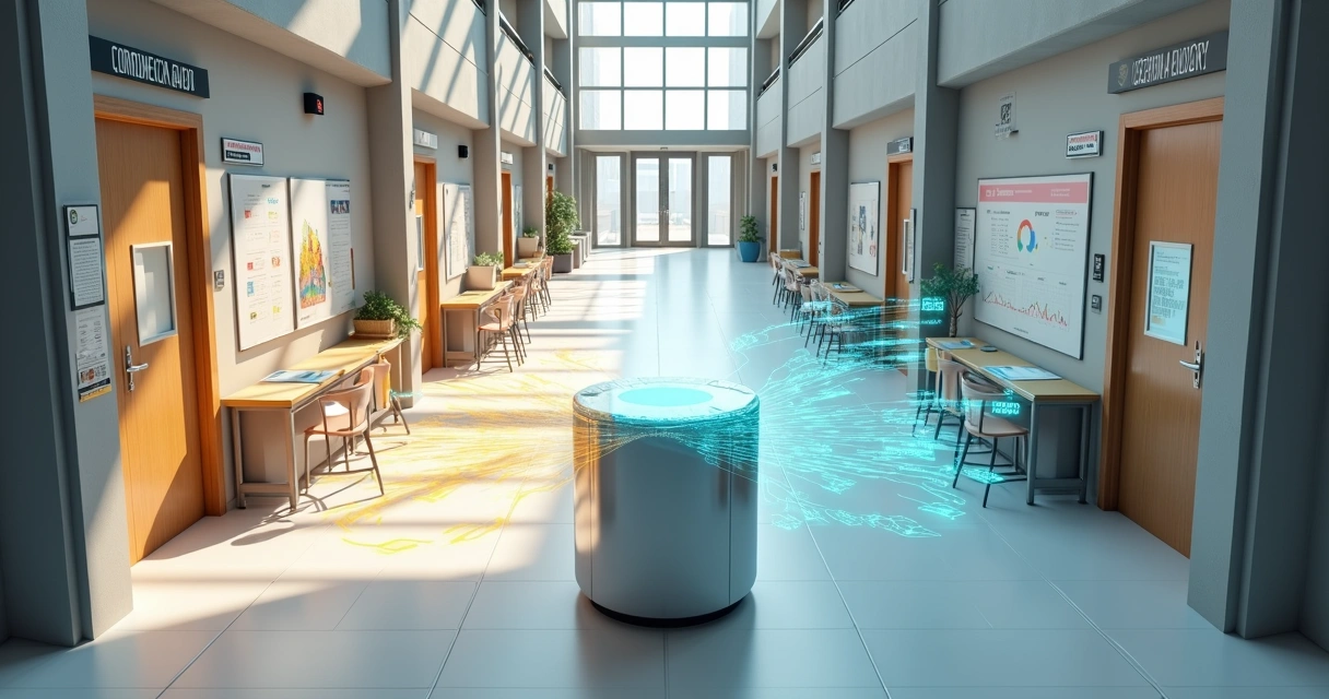 Campus universitário 3D com corredor digital mostrando dados de aprendizado 