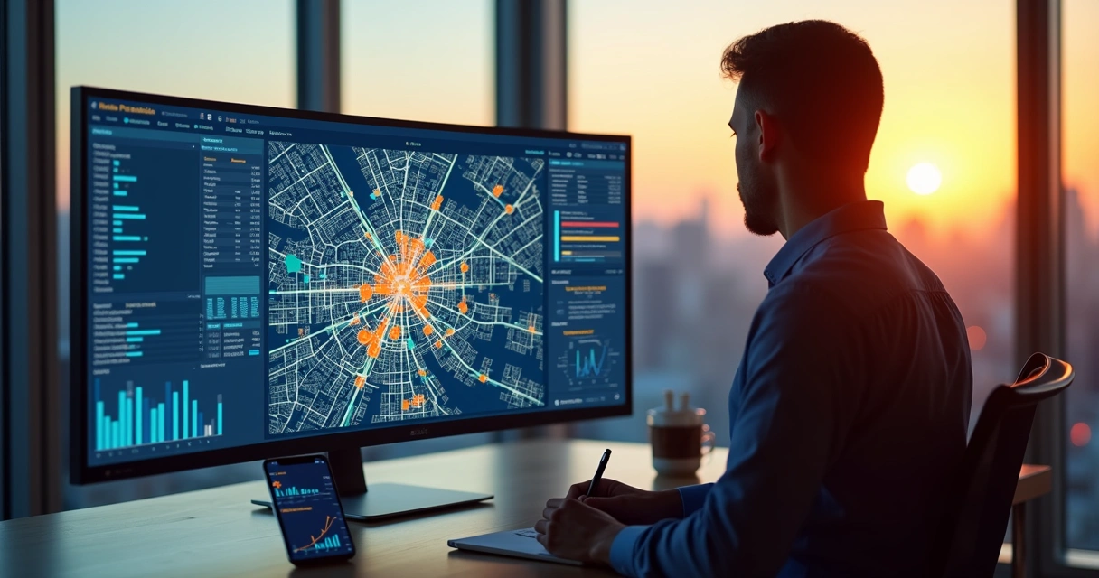 Gestor imobiliário analisando mapa digital com dados para captação de imóveis 