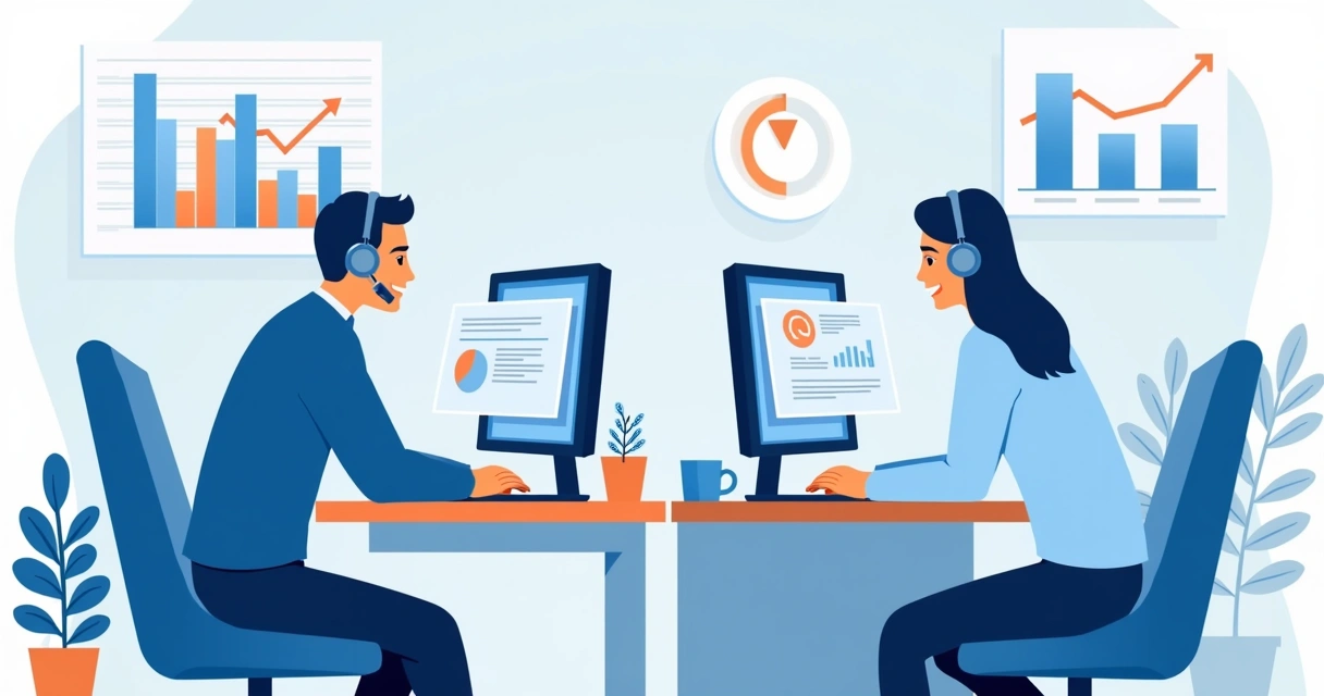 Atendente humano e assistente de IA lado a lado, trabalhando em computadores conectados a sistemas antigos 