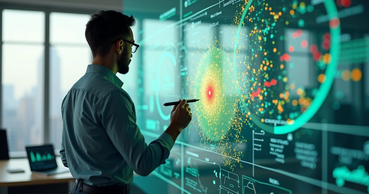 Profissional observa mapa de clientes segmentados por IA para upsell 