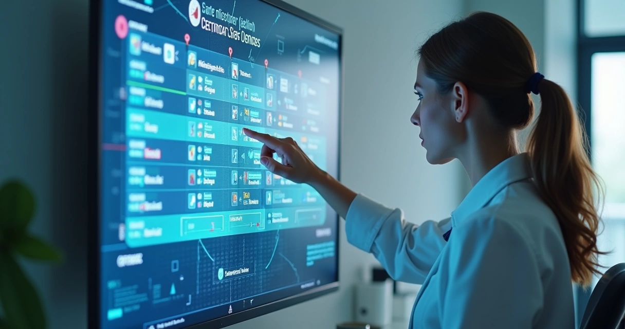 Computador mostra agenda médica digital, secretária observa tela com IA organizando marcações 