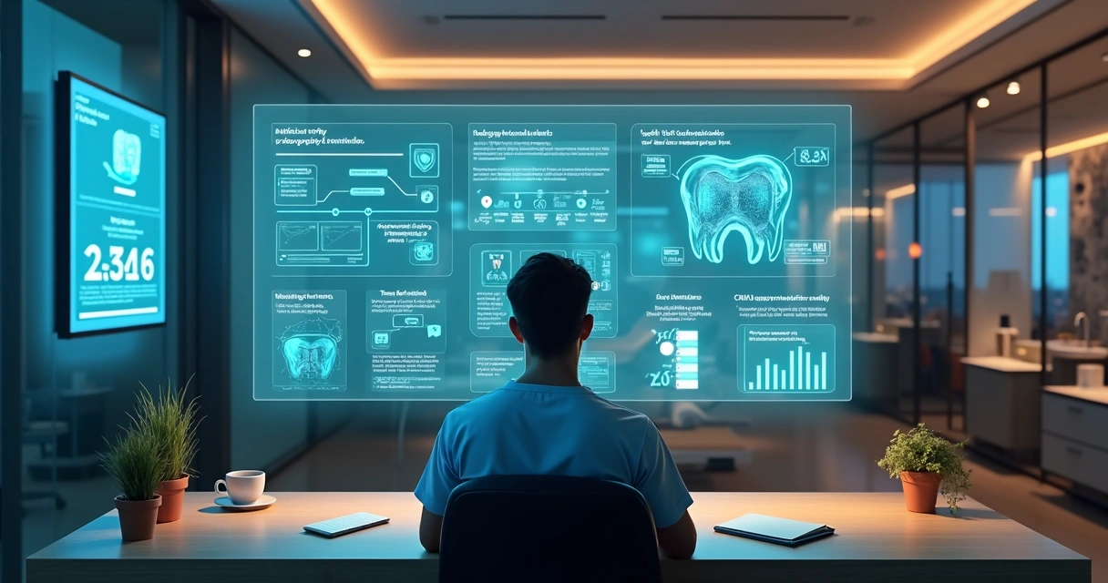 Dentista em consultório moderno controlando painel digital de inteligência artificial para clínica odontológica 