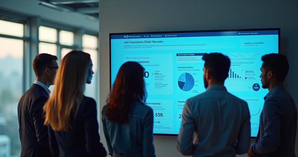 Equipe analisando tela de IA preditiva para cobrança 