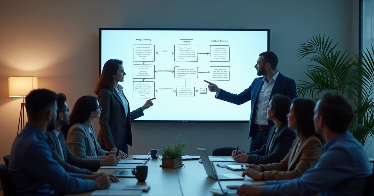 Equipe de TI discutindo fluxos com IA em quadro digital