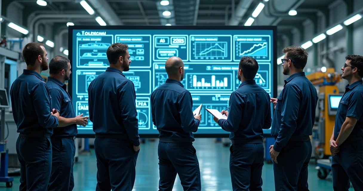 Equipe de manutenção analisando dados com IA em tela gigante