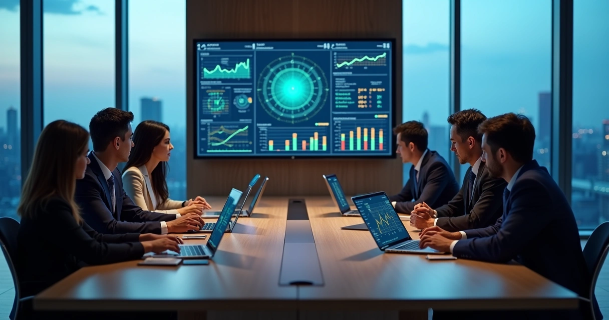 Gestores de compras analisando painel de IA para negociar com fornecedores 