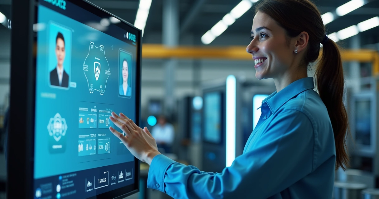 Assistente virtual em fábrica interagindo com operador 
