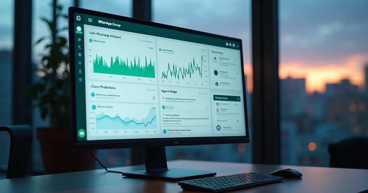 Assistente de IA virtual oferecendo análises de grupos WhatsApp em tela de computador moderna 