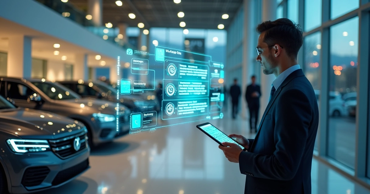 Vendedor de concessionária usa tela holográfica ligada ao WhatsApp ao lado de carro em showroom 