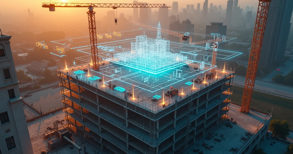 Canteiro de obras visto de cima com modelo 3D transparente e dados de inteligência artificial sobrepostos 