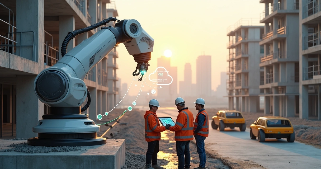Cidade em construção com braço robótico e projeções digitais na obra 