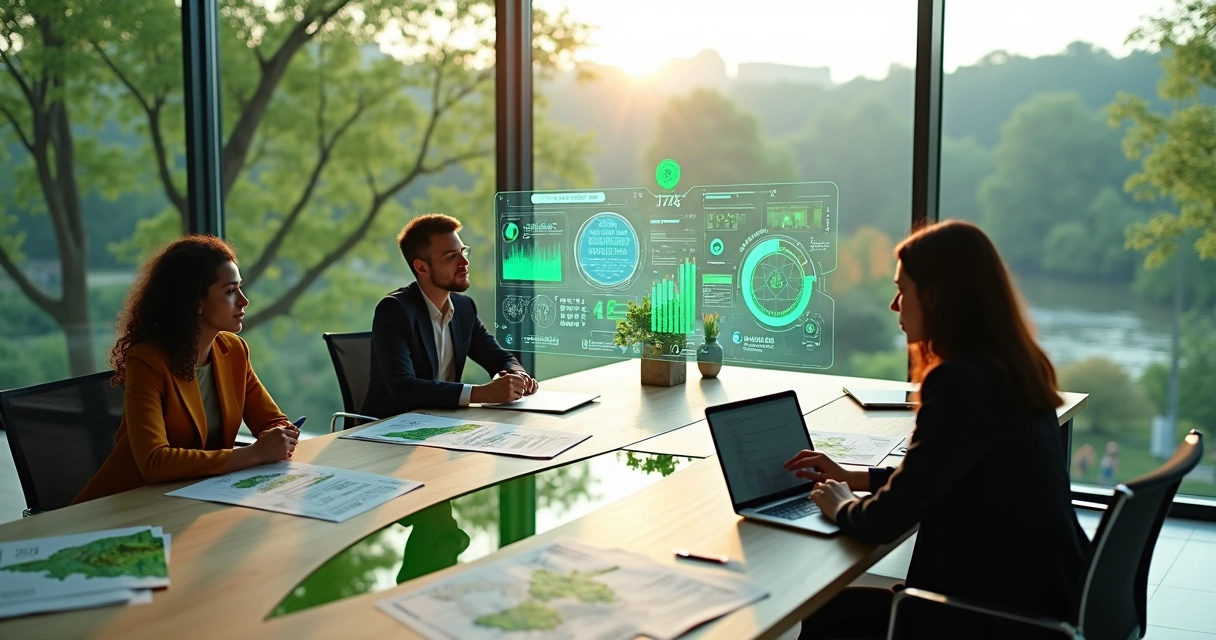 Equipe de consultoria ambiental reunida em mesa em formato de folha com interface de inteligência artificial projetada acima 