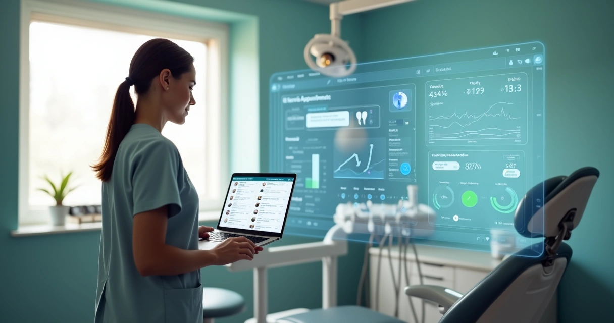 Dentista em consultório moderno observando múltiplas conversas de IA de agendamento odontológico em painel digital 