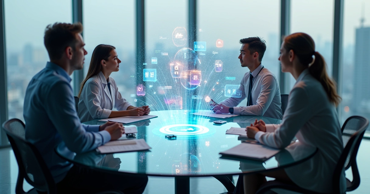 Mesa redonda com pessoas e projeção holográfica de assistente virtual no centro 