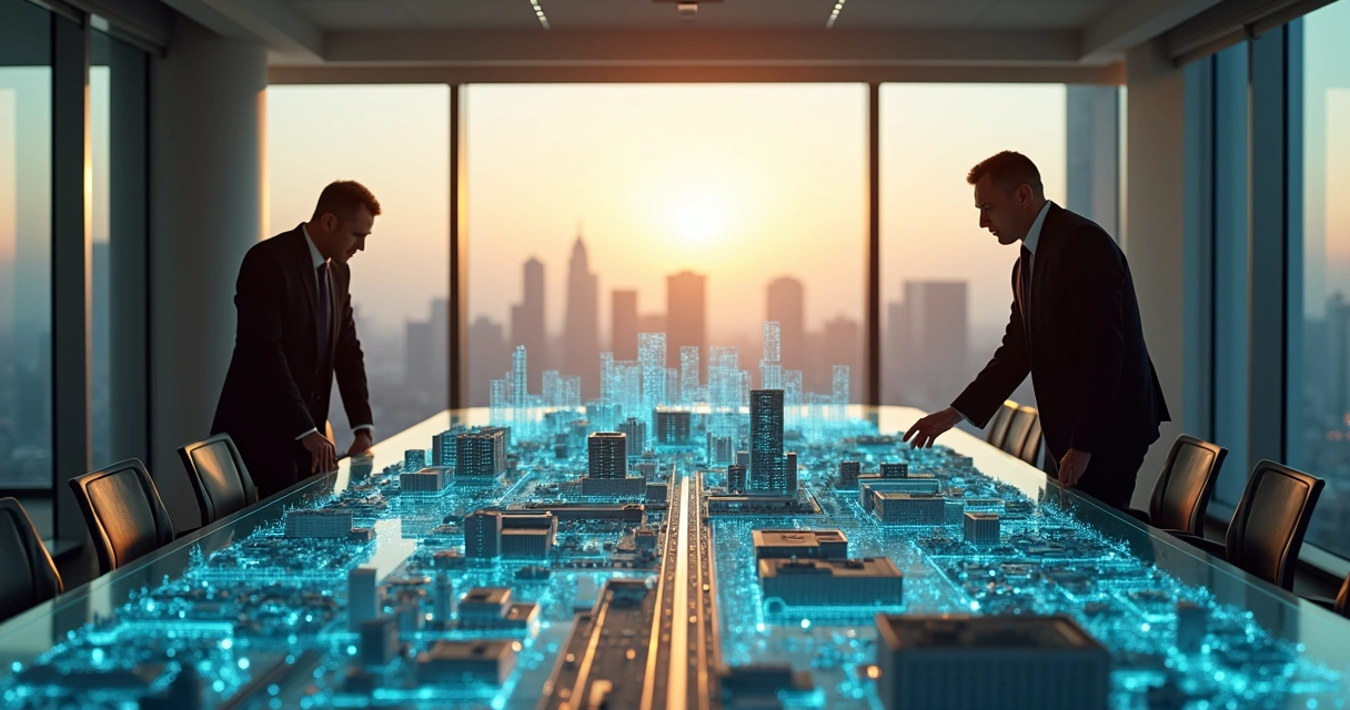 Equipe analisa maquete de cidade conectada com hologramas de continuidade de negócios 