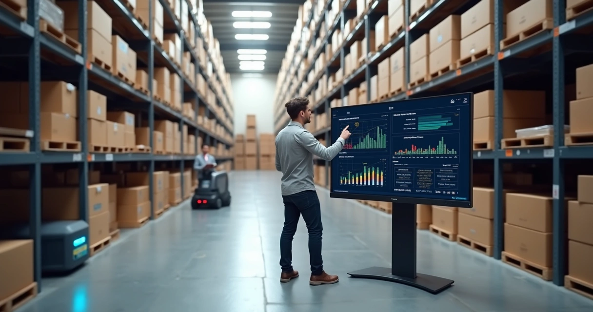 Gestor analisando painel de IA para controle de estoque em armazém moderno 