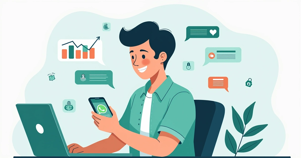 Ilustração de pessoa usando WhatsApp para controle financeiro com gráficos e ícones de moeda 