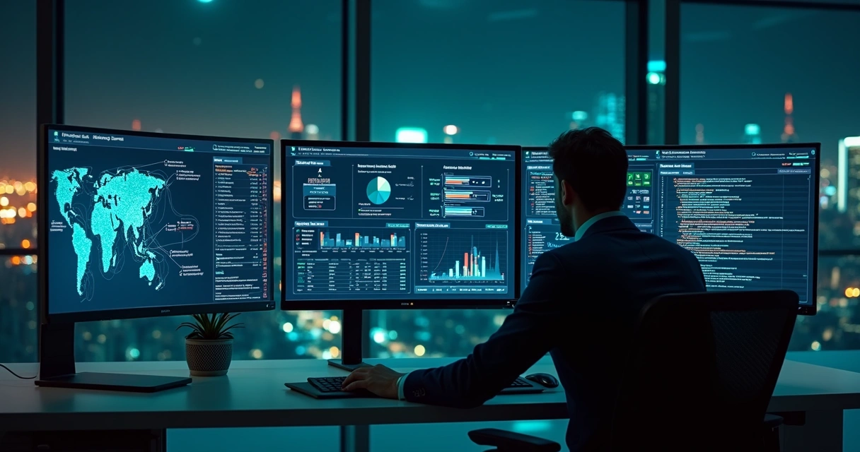 Painel de controle com IA monitorando transações para evitar fraudes em empresa 