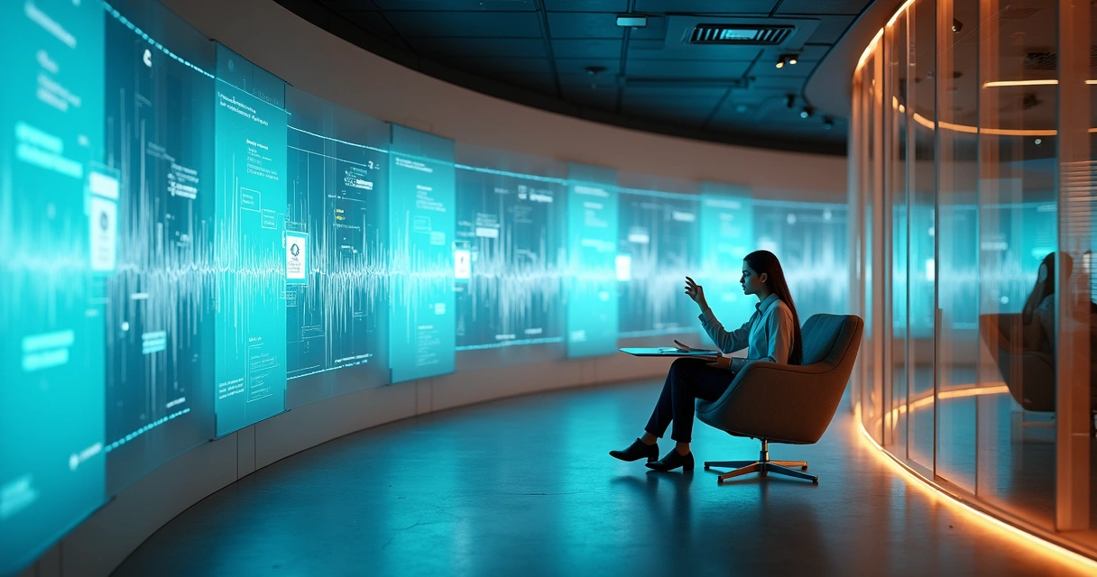 Fluxo de atendimento em 2026 com voz digital surgindo de paredes luminosas 