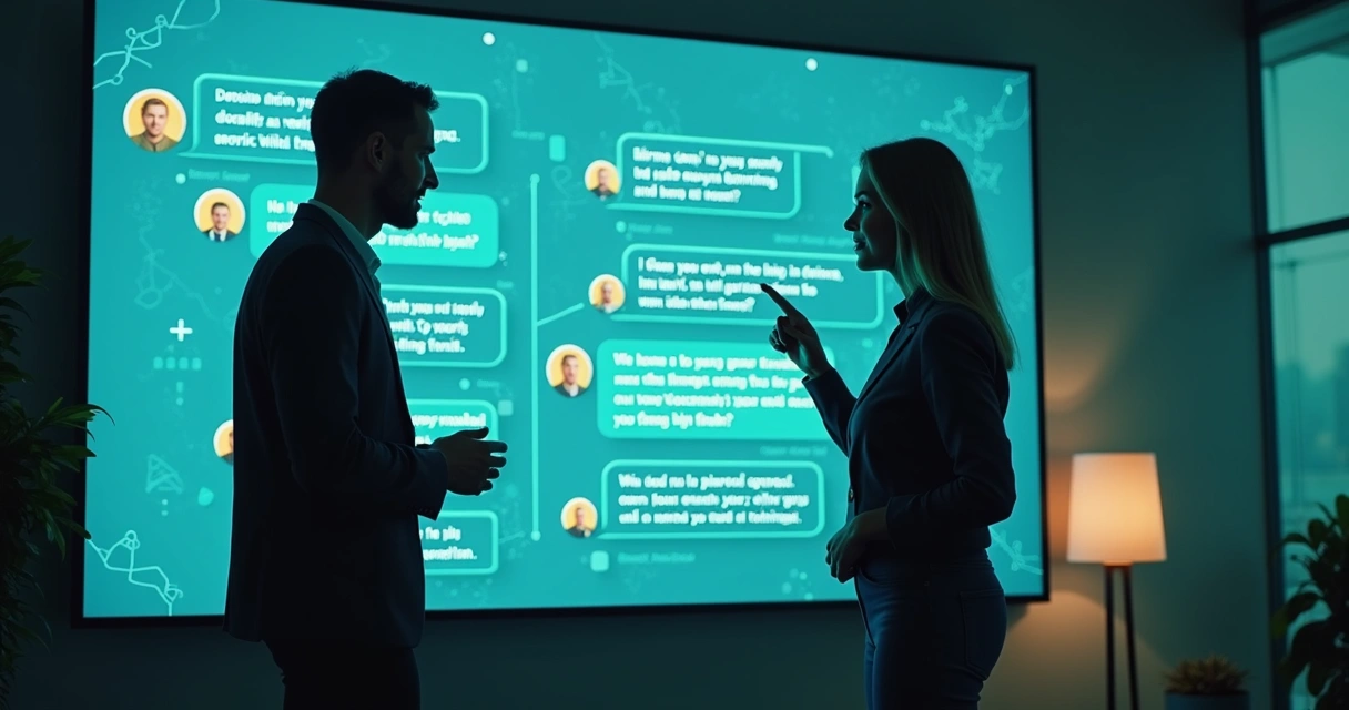 Colaboradores conversando com agente de IA em interface moderna 