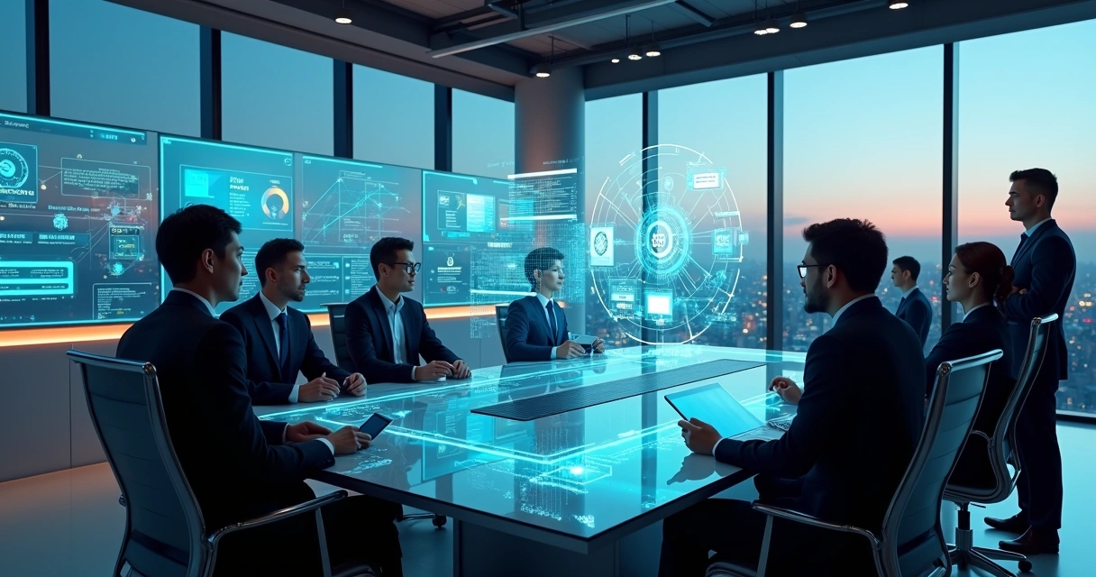 Equipe em escritório moderno com interface de IA holográfica no centro 