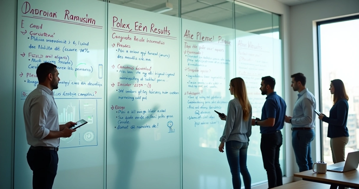 Parede de vidro com KRs confusos sendo corrigidos por painel de IA 