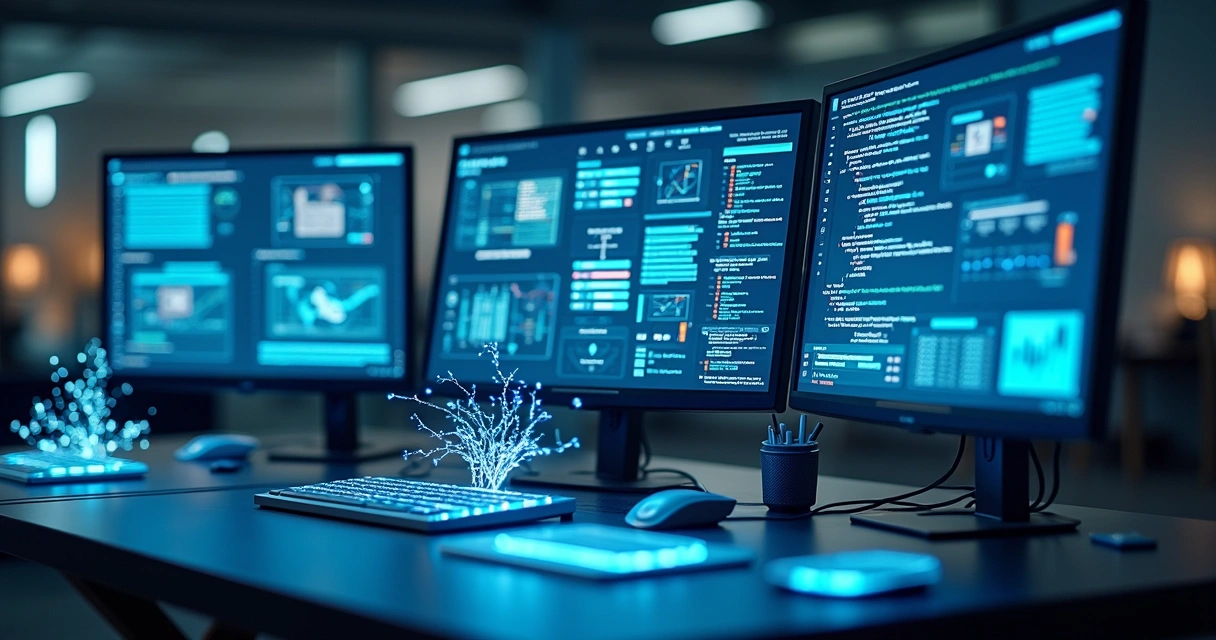 Representação de IA criando conteúdos visuais e textos para treinamento 