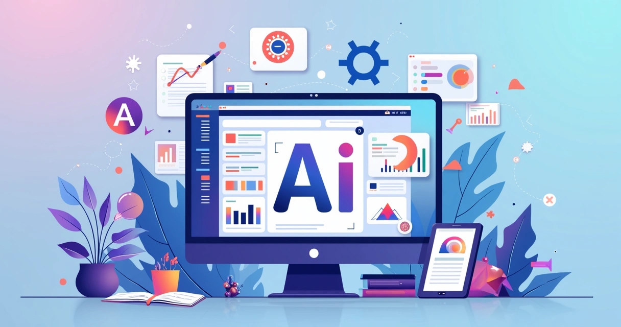 Ilustração corporativa plana de uma tela de computador com software de design aberto mostrando criação de logotipo digital com elementos tecnológicos e humanos ao redor 