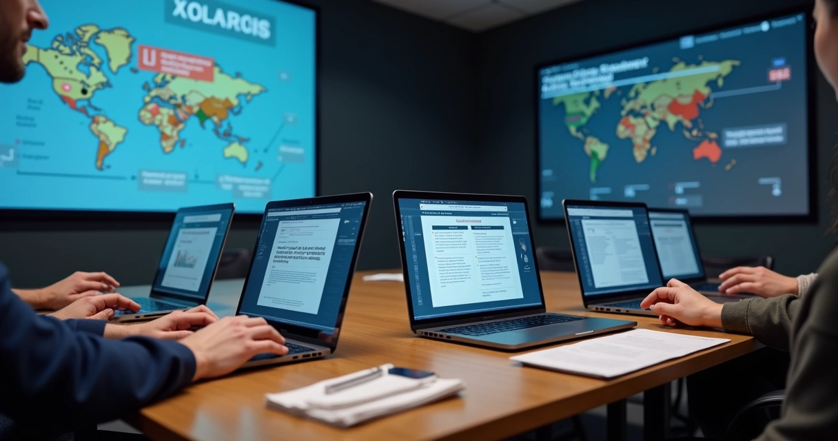 Quatro computadores em uma mesa, cada um com um chatbot de IA aberto, mostrando respostas diferentes a uma crise de vazamento de dados. Uma grande tela ao fundo exibe gráficos e alertas. 