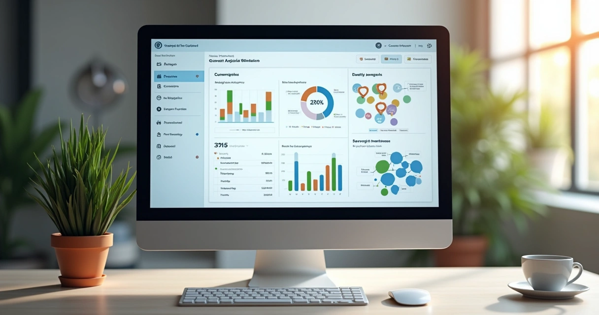 Assistente virtual em tela de computador auxiliando pequena empresa com CRM 