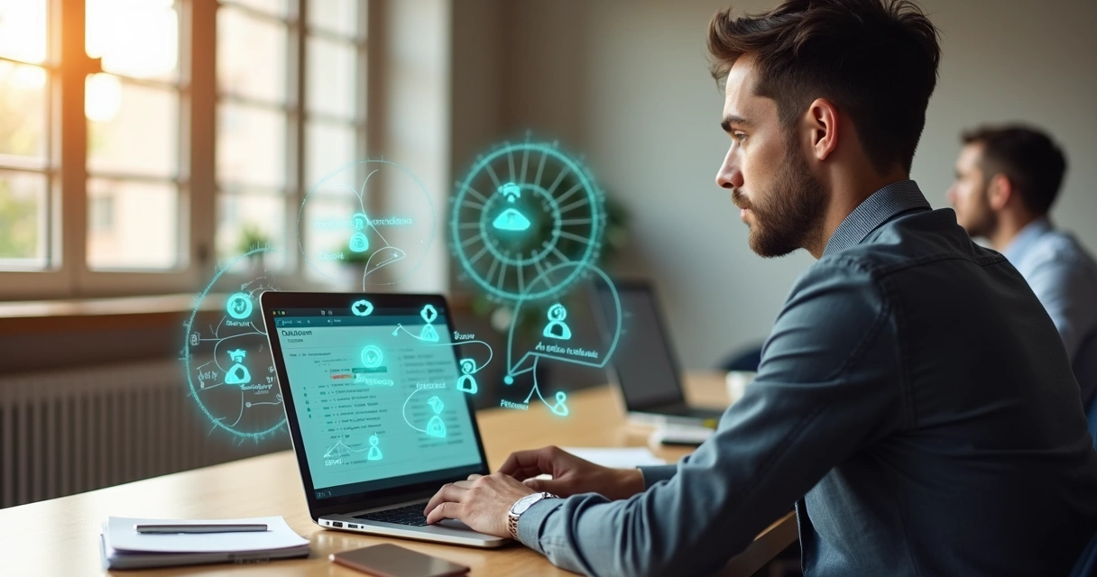 Vendedor usando notebook com CRM simplificado e ícones de IA ao redor 