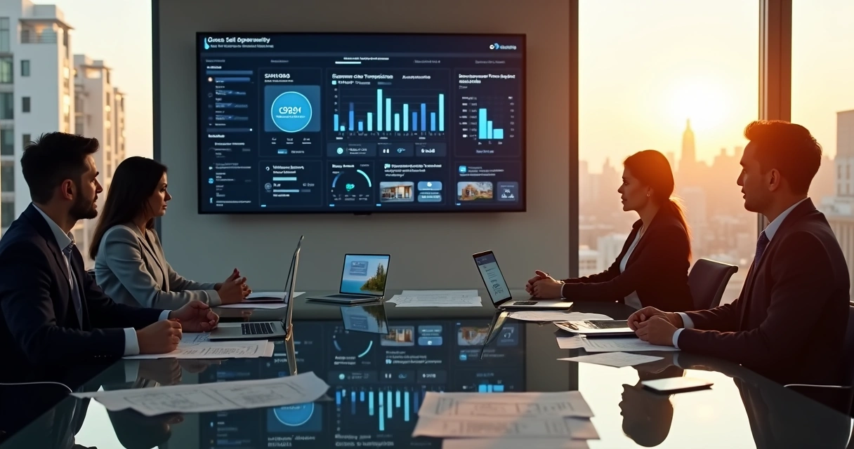 Corretores de imóveis analisando painel de IA com oportunidades de cross-sell 