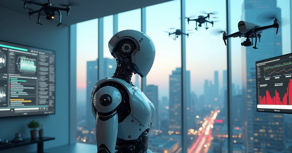 Robô analisando arquivos digitais cercado por câmeras de segurança e drones 