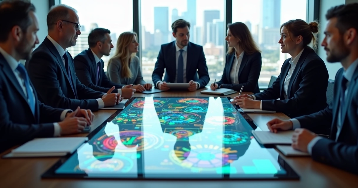 Equipe jurídica reunida usando tela digital com gráficos de IA. 