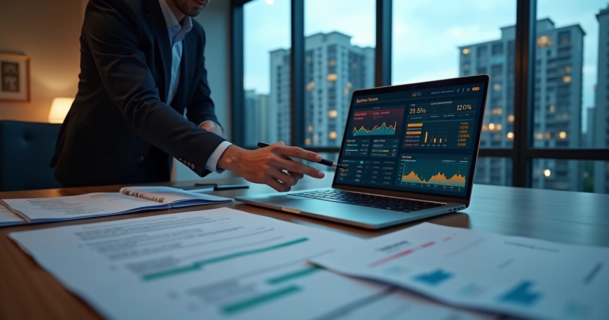 Analista imobiliário avaliando documentos de aluguel com interface de IA na tela 