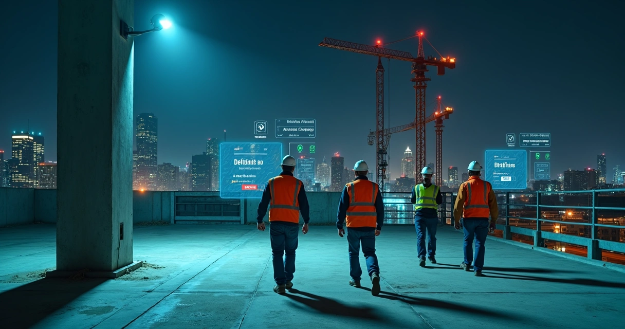 IA destacando falhas de segurança em trabalhadores em obra noturna 
