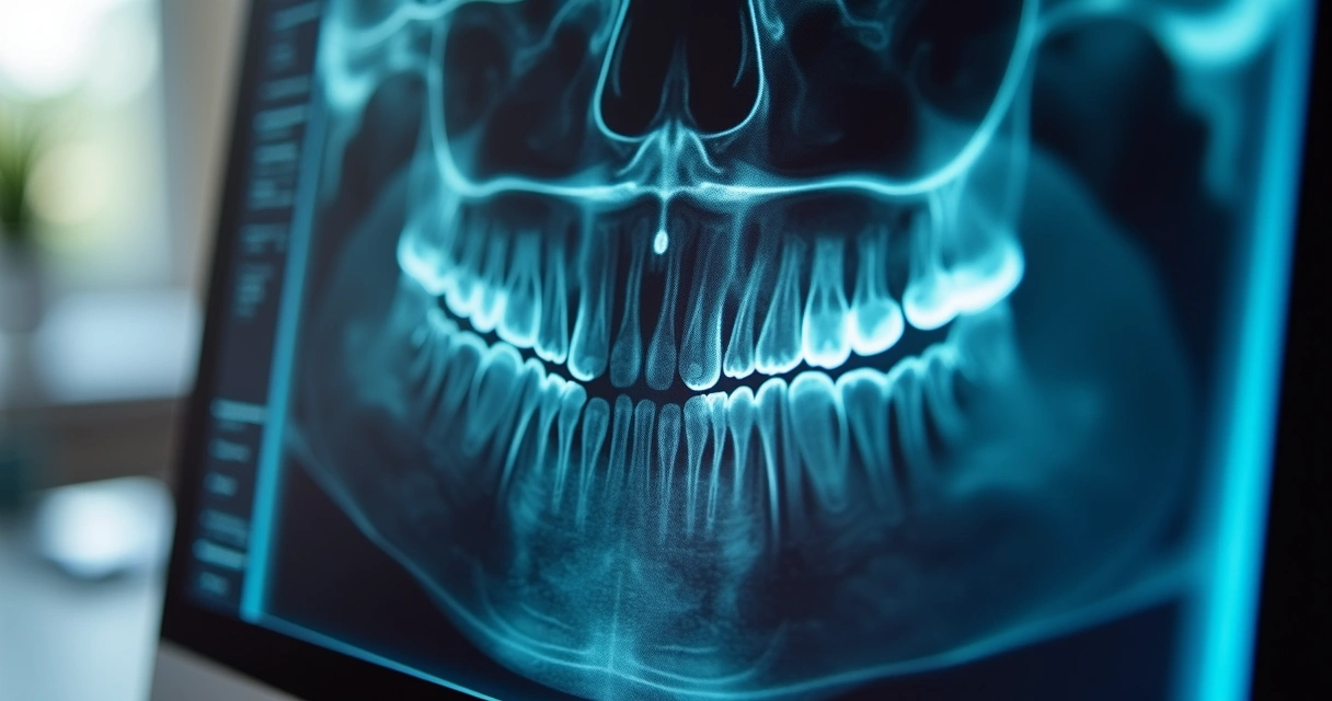 Radiografia digital dental em monitor de computador e IA sugerindo diagnósticos 