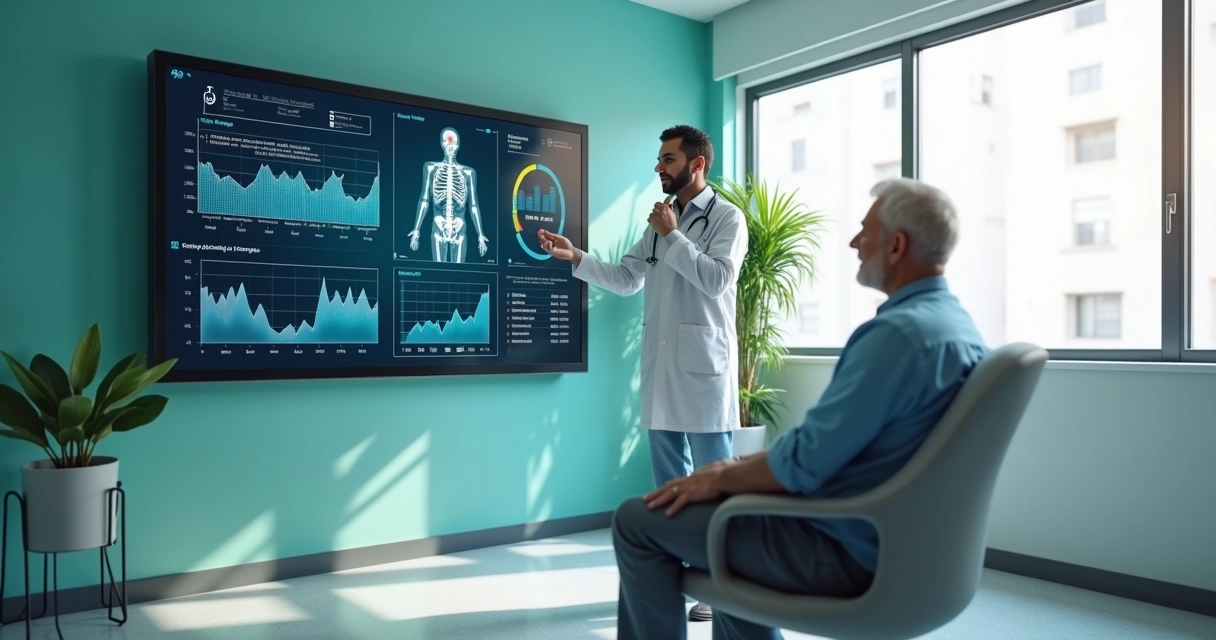 Painel digital de IA mostrando diagnóstico preditivo em clínica 