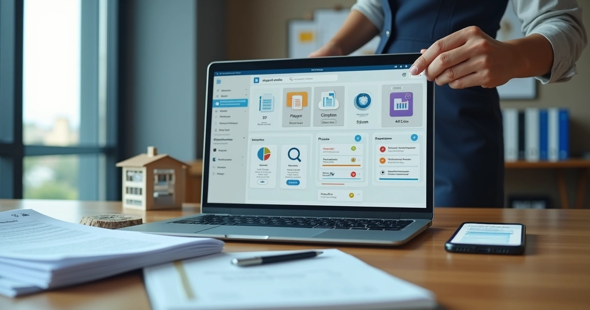 Corretor analisa tela com inteligência artificial organizando documentos de financiamento imobiliário 