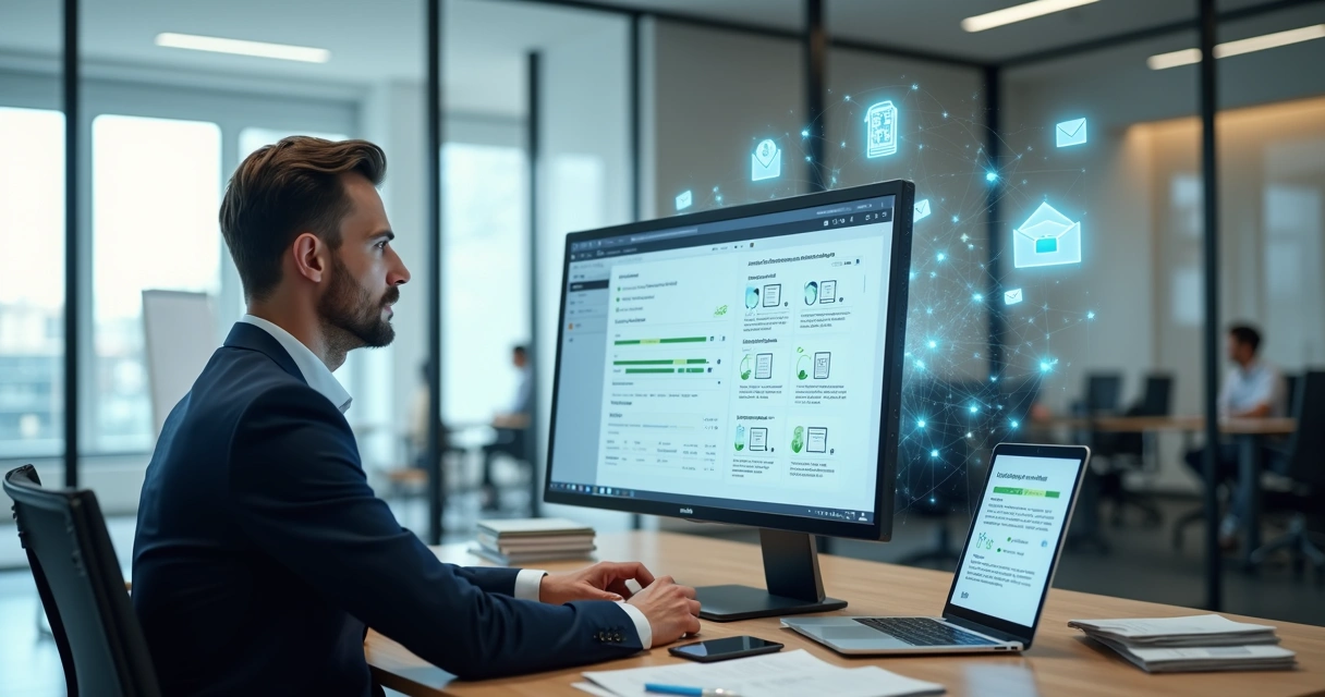 Corretor analisando documentos imobiliários digitais automatizados por IA 