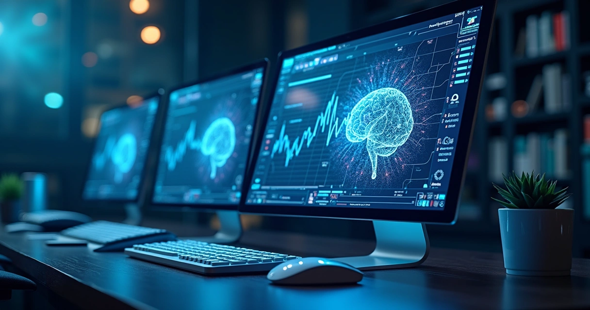 Conceito visual da integração entre IA e automação em telas de marketing 