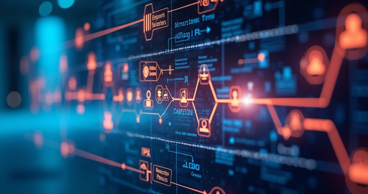 Tela de automação no-code com ícones de IA e robôs conectando fluxos 