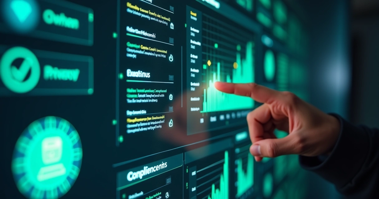 Interação entre dados digitais e elementos de compliance visualizados em painel digital