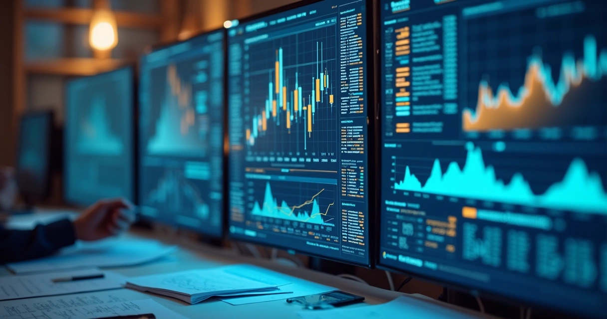 Telas digitais exibindo gráficos de dados com insights destacados 
