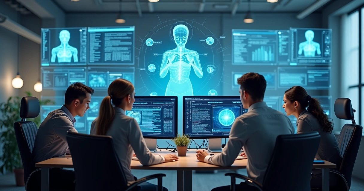 Equipe de vendas colaborando com agentes de IA em ambiente de escritório moderno