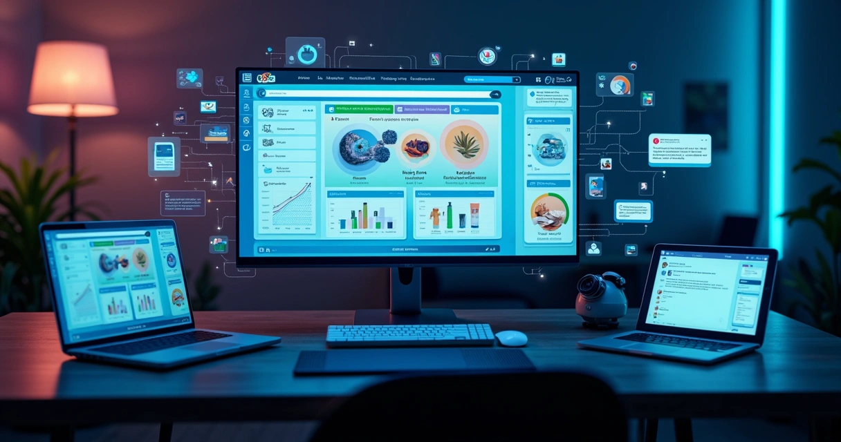 Loja virtual futurista com painel de IA e produtos em destaque 