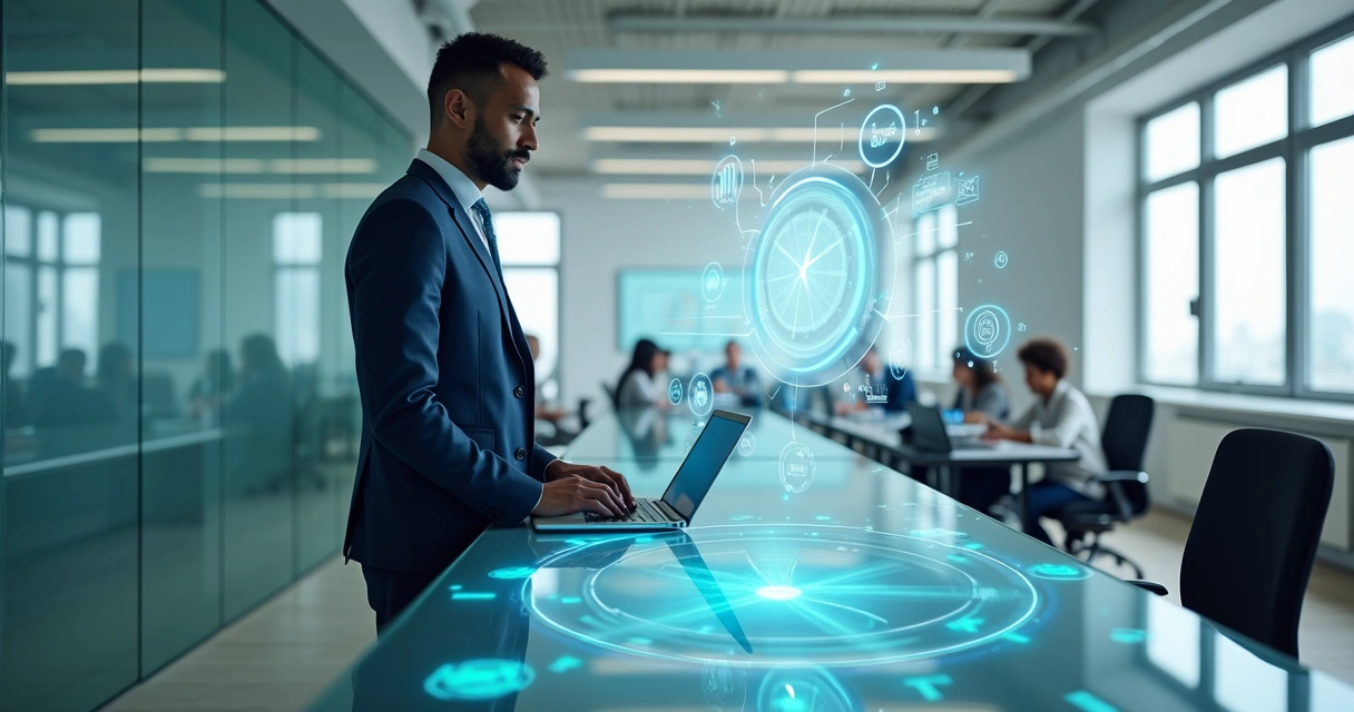 Executivo observando hologramas de IA otimizando tempo na empresa 
